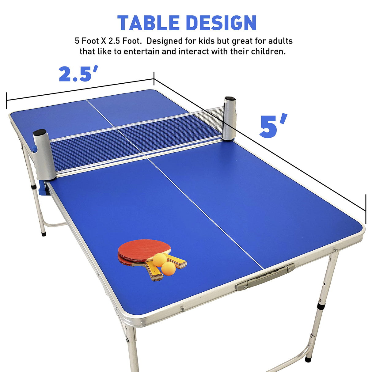 EasyGo Product Ping Pong Table Tennis Space Saving & Easy Storage Includes (2) Regulation Paddles (3) Balls and (1) Easy Clamp Net Table Size 5 Foot X 2.5 Foot Legs 24”-28” Tall - Blue 5ft EasyGo Product