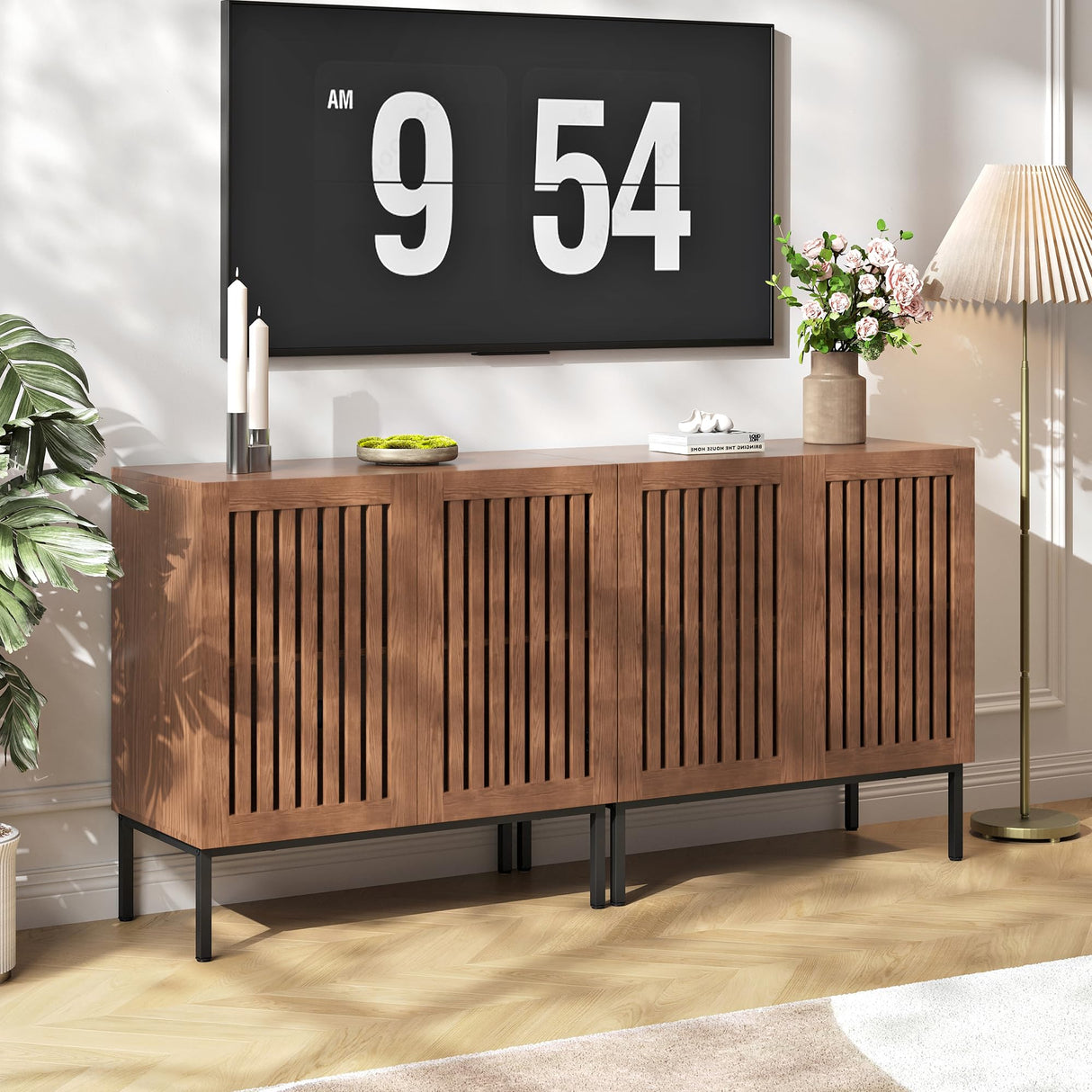 RIBECH 63" Farmhouse Storage Cabinet, Kitchen Sideboard with Metal Base & Adjustable Shelves, Ideal for Living Room, Dining Room, Brown RIBECH
