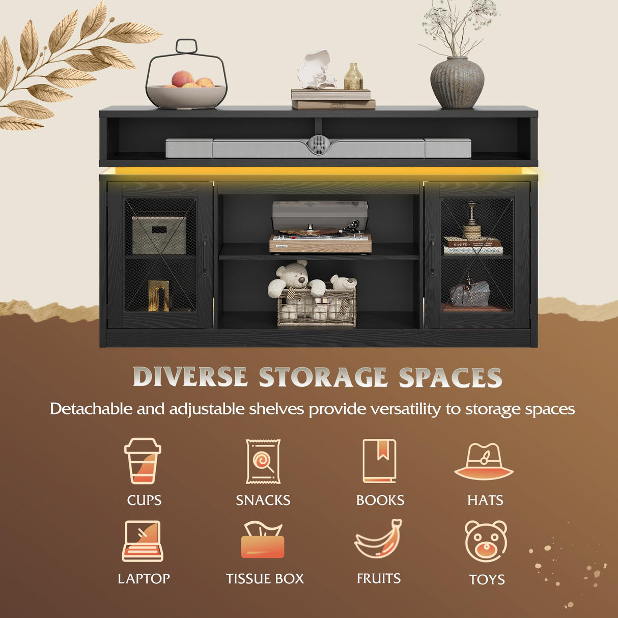 WLIVE TV Stand up to 65 Inch TV, 59" Entertainment Center with LED Lights, Farmhouse TV Media Console with Storage Cabinets, Adjustable Shelves for Living Room and Bedroom, Black WLIVE