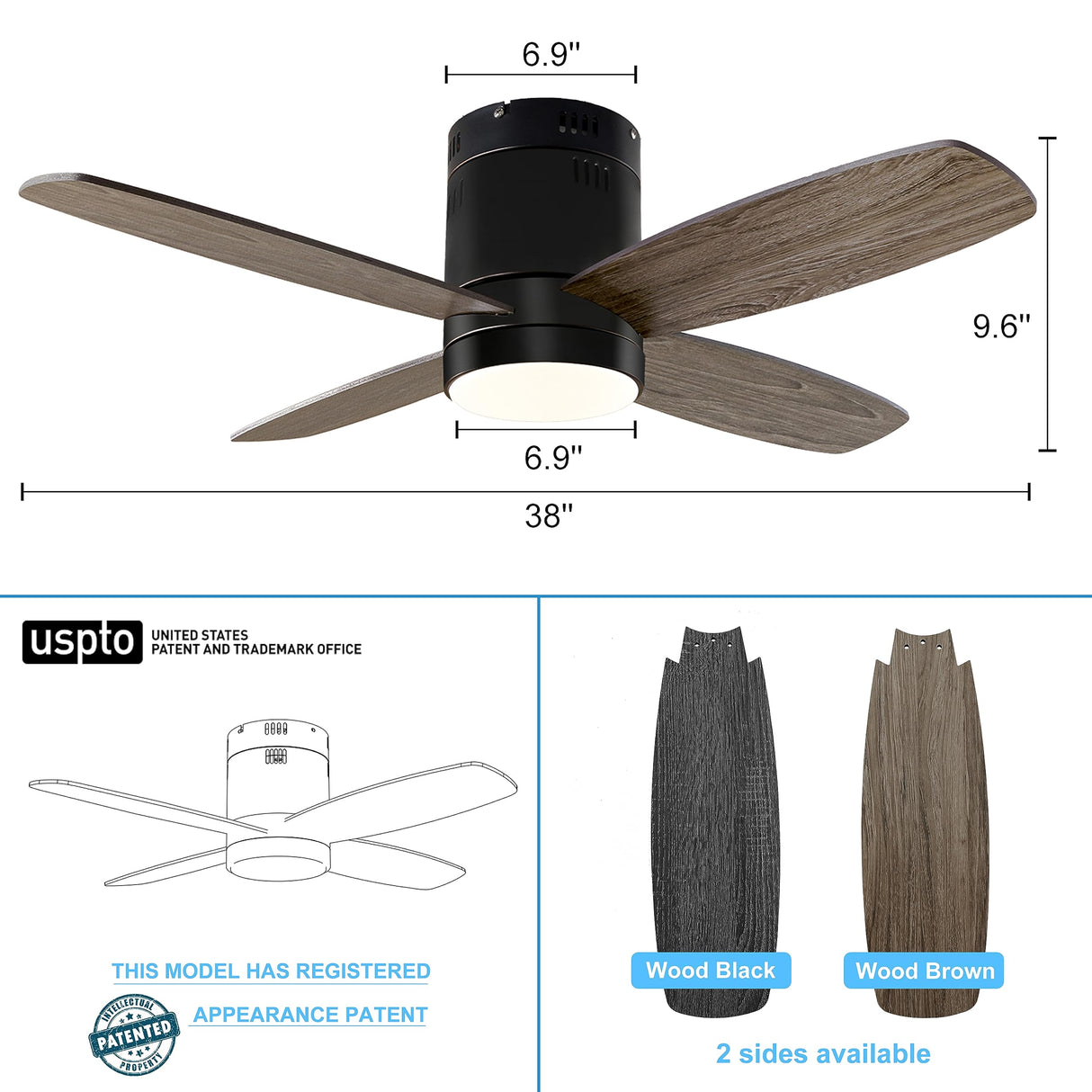 Ohniyou Ceiling Fan with Lights - 38'' Small Flush Mount Ceiling Fans Remote & APP Control - Dimmable Indoor Outdoor Quiet DC Low Profile Ceiling Fan for Patio Kitchen Bedroom(Black) Ohniyou