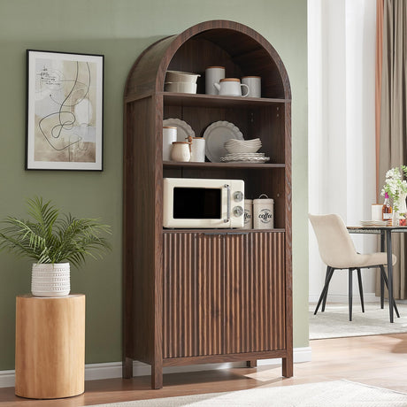 WINWY Arched Cabinet Bookshelf Bookcase - 71” Tall Mid Century Arched Display Cabinets, Rounded Bookshelf with Fluted Doors, Open Shelf Storage Cabinet for Dining Room (Walnut) WINWY