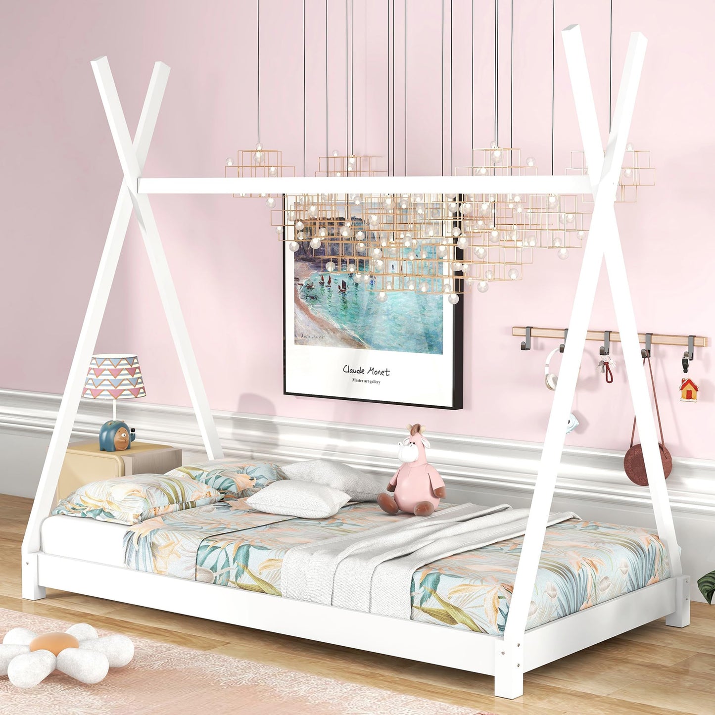 Bellemave Twin Montessori Floor Bed Frame - Sturdy White Bed with Triangle Structure for Kids - WoodArtSupply