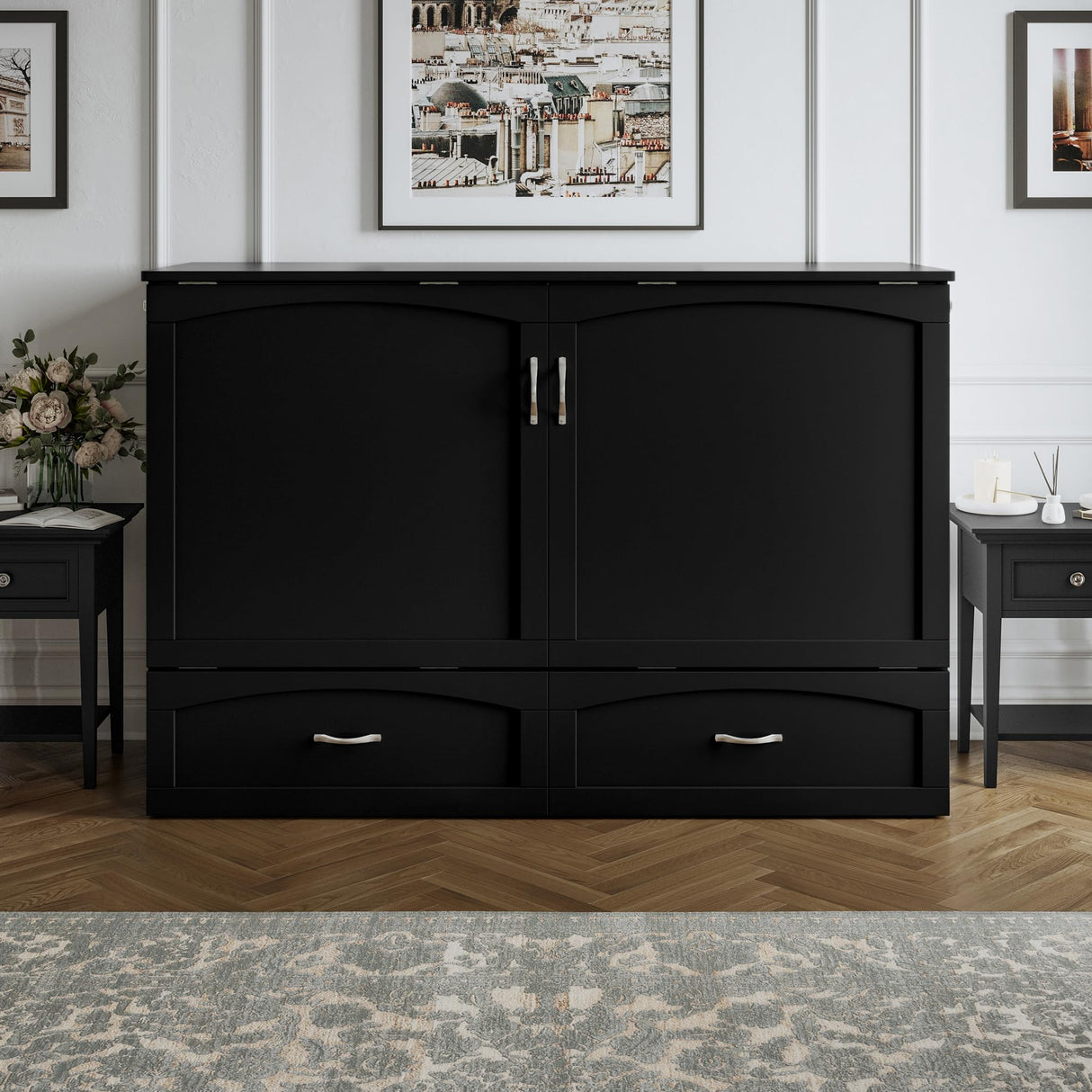 AFI, Marion Queen Wood Murphy Bed Chest with 6" Mattress, Storage Drawer, & Built-in Charger, Black AFI