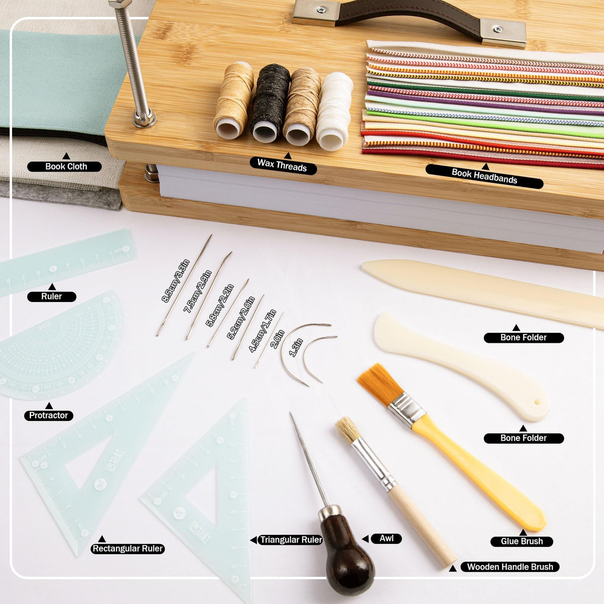 HAOPENGYOU 14.7"x11.4" Large Bamboo Book Press & Bookbinding Kit with Bone Folder, Awl, Needles - Complete DIY Book Repair Craft Set HAOPENGYOU