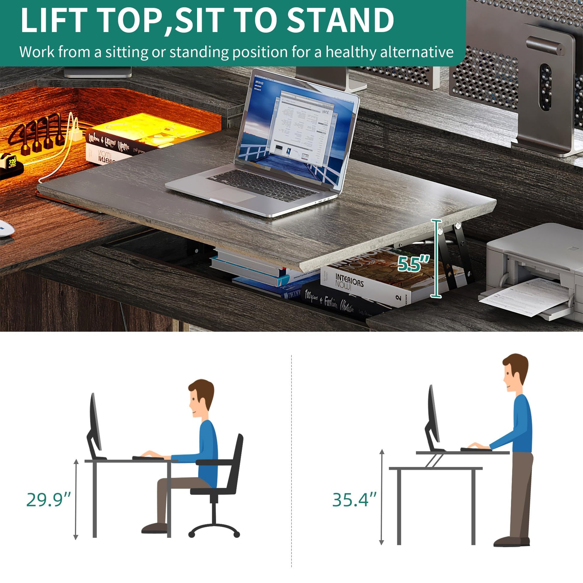 YITAHOME L Shaped Desk with Power Outlets & LED Lights, 60” Computer Desk with Drawers & Lift Top, Home Office Desk with Monitor Stand, Height Adjustable Desk with File Cabinet, Grey - WoodArtSupply