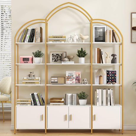Semoic Arched Bookshelves and Bookcases: Triple Wide 5-Tier Large Open Bookshelf, Etagere Bookcase with Display Shelf for Home Office, White and Gold Semoic