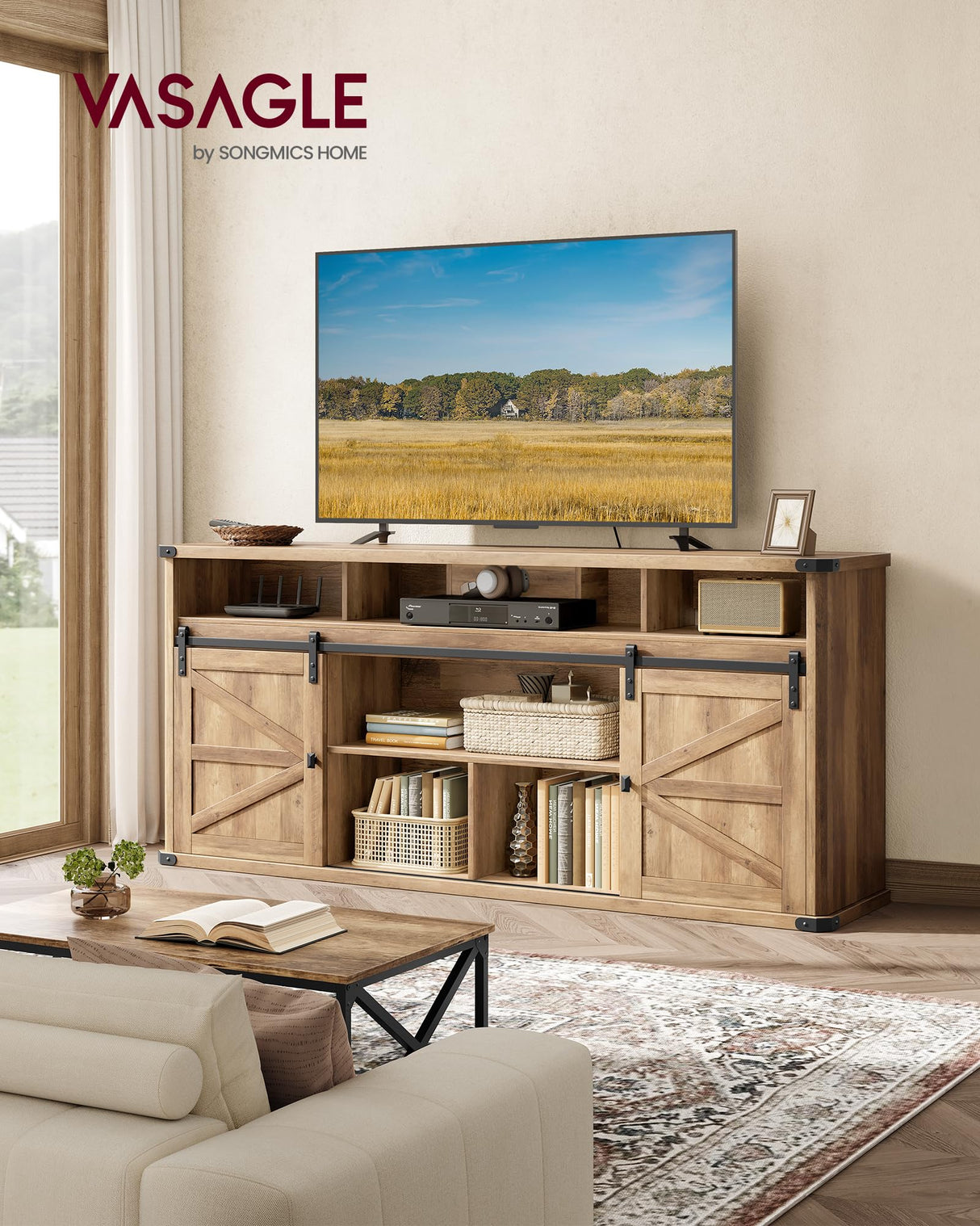 VASAGLE TV Stand for TVs up to 75 Inches, Farmhouse Entertainment Center with Sliding Barn Doors, TV Console Table for Living Room, Honey Brown ULTV323K41 VASAGLE