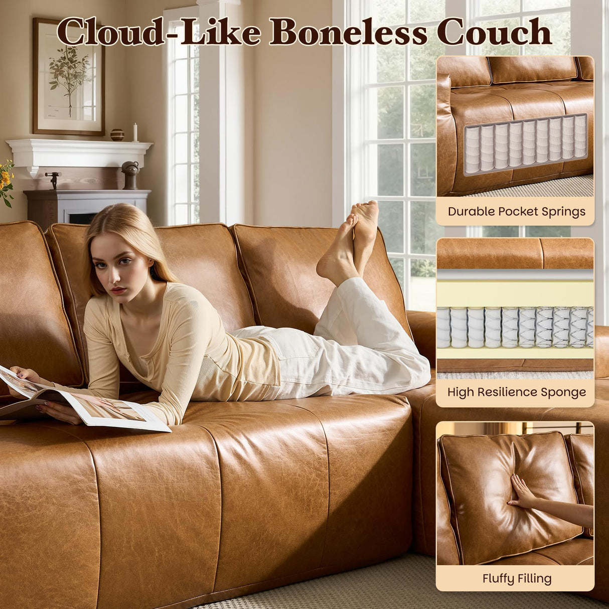 114" Boneless Couches for Living Room, Brown Faux Leather Cloud Sectional Couches with Chaise, Deep Seat L Shaped Modular Sofa, No Assembly Required Sofas in a Box (Right,Faux Leather,Brown) weaxty W