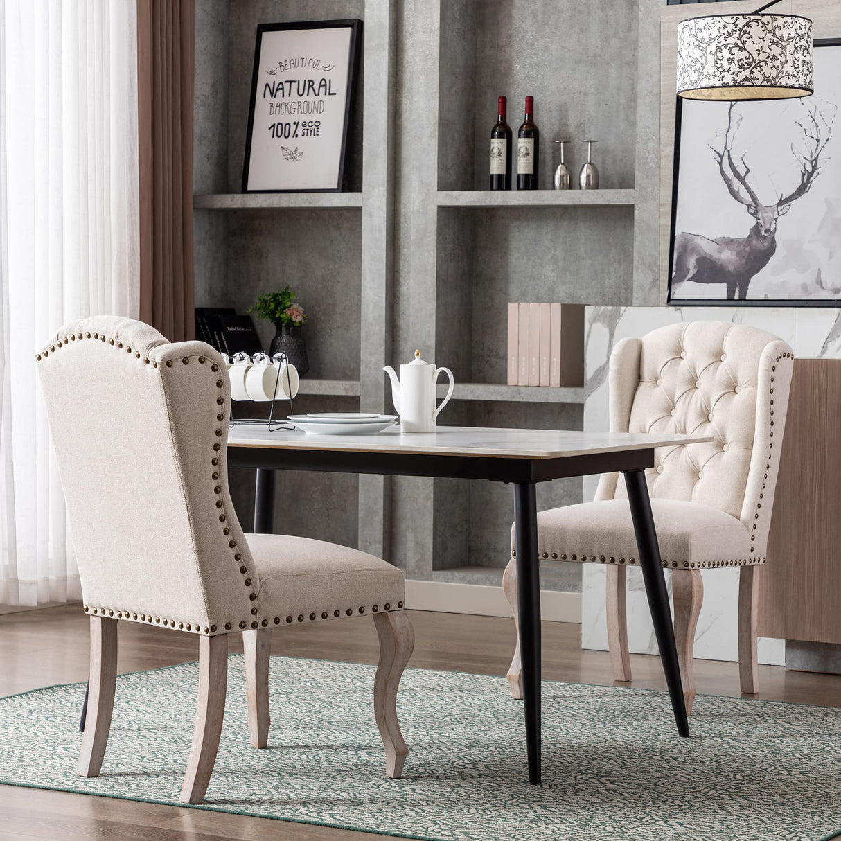 DM Furniture Parsons Dining Chairs Set of 2 Farmhouse Solid Wood Accent Chairs Linen Fabric Host Side Kitchen Chair with Tufted Wingback for Dining Room/Living Room/Bedroom,Cream DM Furniture