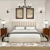 VECELO Queen Size Upholstered Bed Frame with 4 Drawers and Headboard, Velvet Platform Storage Bedframe, Wooden Slats Support, No Box Spring Needed, Beige VECELO