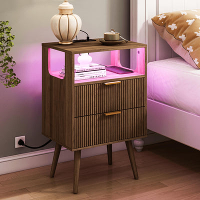 JOONEE Nightstand with Charging Station and LED Lights,Modern Bedside Table with 2 Storage Drawer and Open Wood Shelf, for Bedroom and Small Spaces,Night Stand with Solid Wood Legs,Walnut Brown