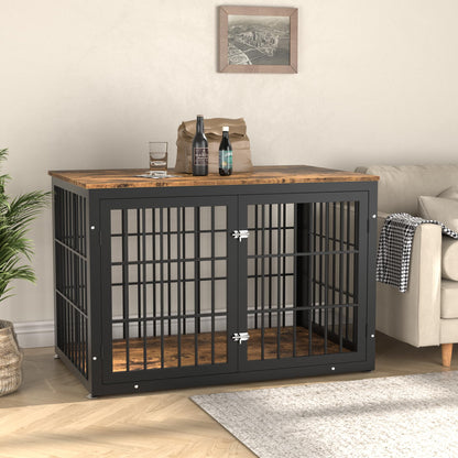 rehomerance Rustic Heavy Duty Dog Crate Furniture for Extra Large Dogs, Decorative Pet House End Table, Wooden Cage Kennel Furniture Indoor, XL, Black and Brown - WoodArtSupply