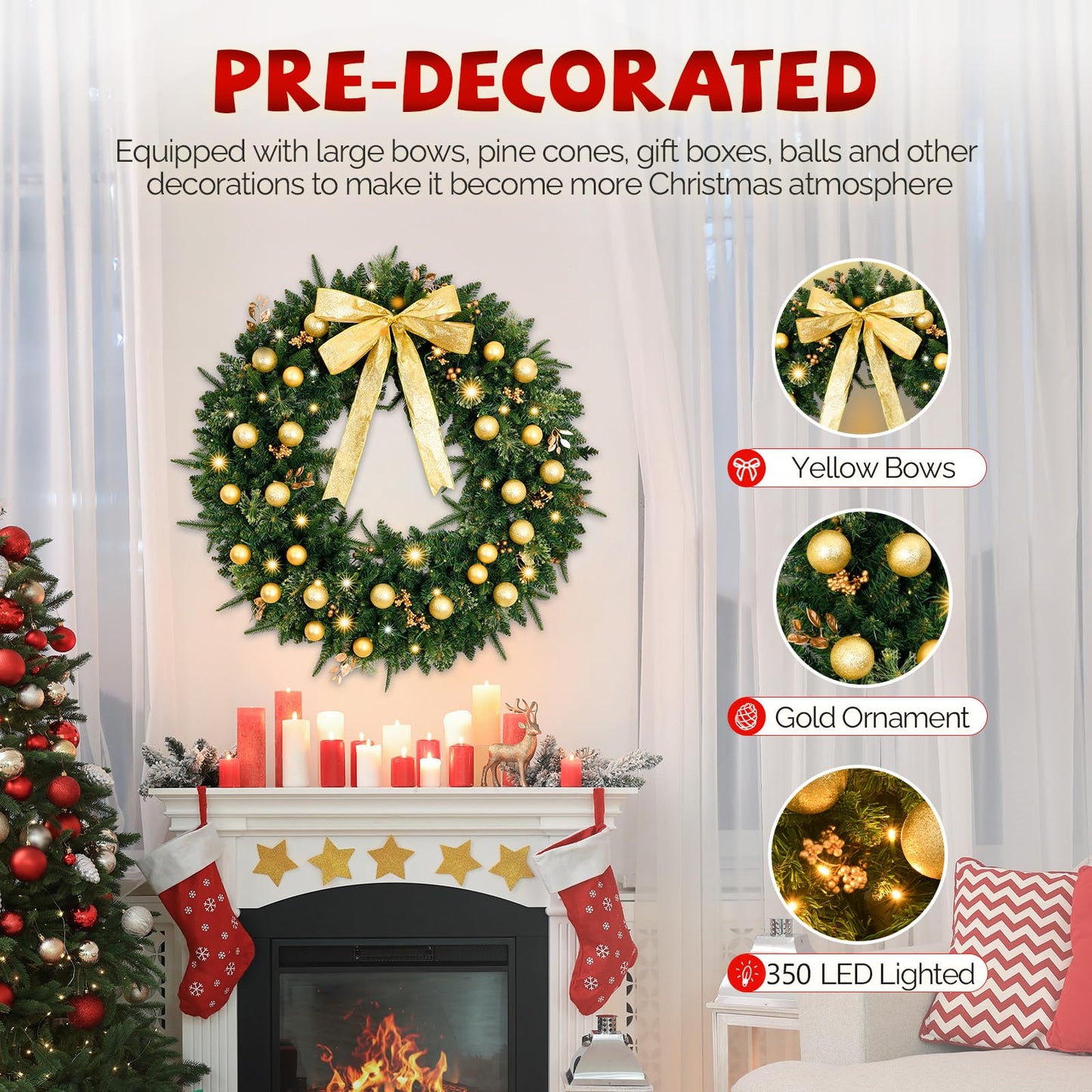 VINGLI 36 Inch Prelit Christmas Wreath, Lighted Christmas Wreath for Front Door, Window, Fireplaces, Indoor Decorate, with 100 LED Lights, 350 Tips, Bow, Pine Cones, Gold Ornaments (Plug-in)