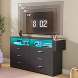 Whalefall Bedroom Dresser with LED Lights, Black 6 Drawers Dresser for Bedroom with Charging Station 55in Large Chest of Drawers, Wood Dresser TV Stand for Living Room Closet Entryway (Black) Whalefall