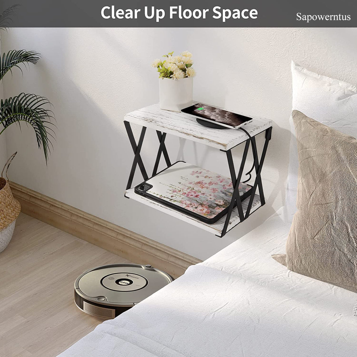 Sapowerntus Floating Nightstand Shelves Wall Mounted, 2 Tier Bedside Table for Bedroom, Rustic White Wood Basket Box Shelf with X Mental Bracket, Small Storage Decor in Bathroom Living Room Sapowerntus