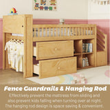 Low Loft Bed with LED Lights and Bookshelf, Wooden Kids Loft Bed with Stairs and Safety Guardrail, Low Loft Bed Twin with 2 Storage Drawers and Shelves for Girls Boys,No Box Spring Needed, Natural Mirightone