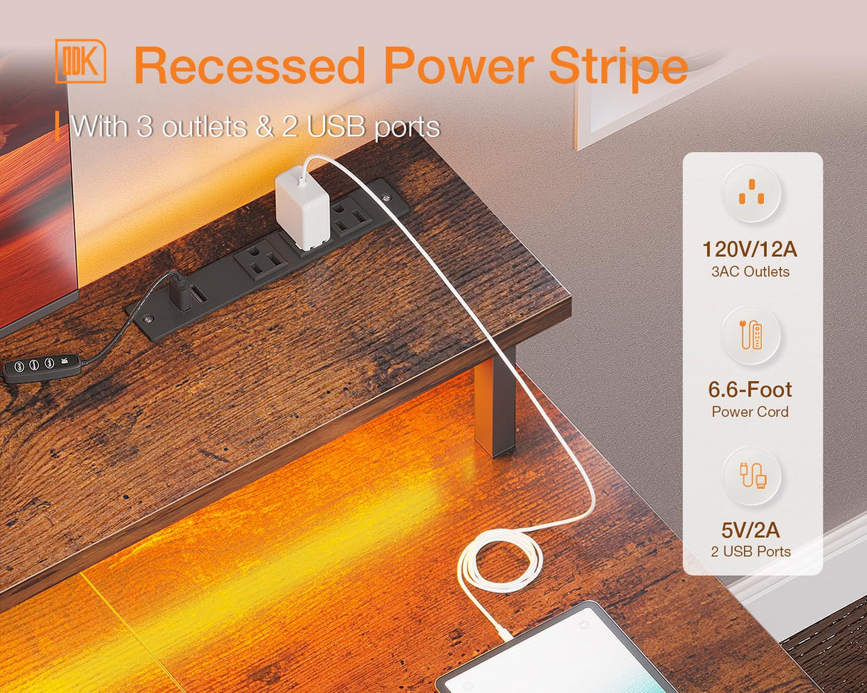 ODK 48 inch Gaming Desk with LED Lights & Power Outlets, Computer Desk with Monitor Stand & Storage Sheves, CPU Stand, Home Office Desk, Vintage ODK