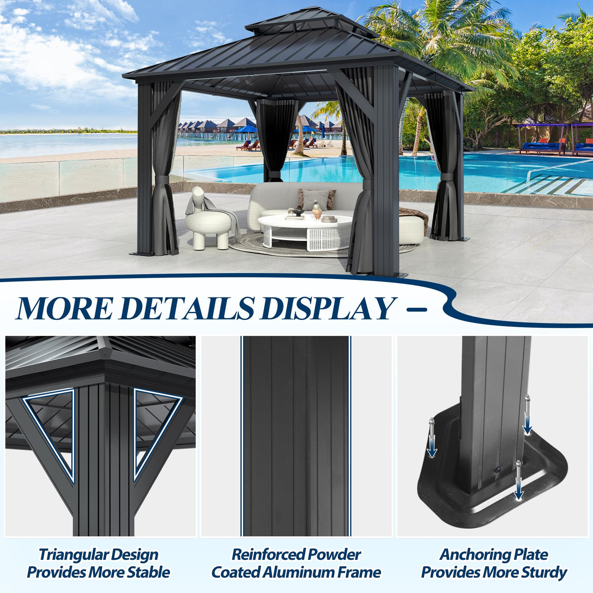 COVERONICS 10' x 10' Outdoor Galvanized Hardtop Gazebo - Aluminum Heavy-Duty Double Roof Vented Gazebo with Breathable Netting & Privacy Curtains for Patio, Porch, Garden, Lawn COVERONICS