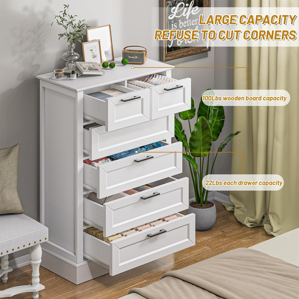 Odeekea White Dresser with 6 Drawers, Vertical Tall Dresser for Bedroom, Wood Dresser for Hallway, Living Room, Chest of Drawers for Nursery, Entryway, 47” Tall Modern Farmhouse Style Dresser ZLWJGY