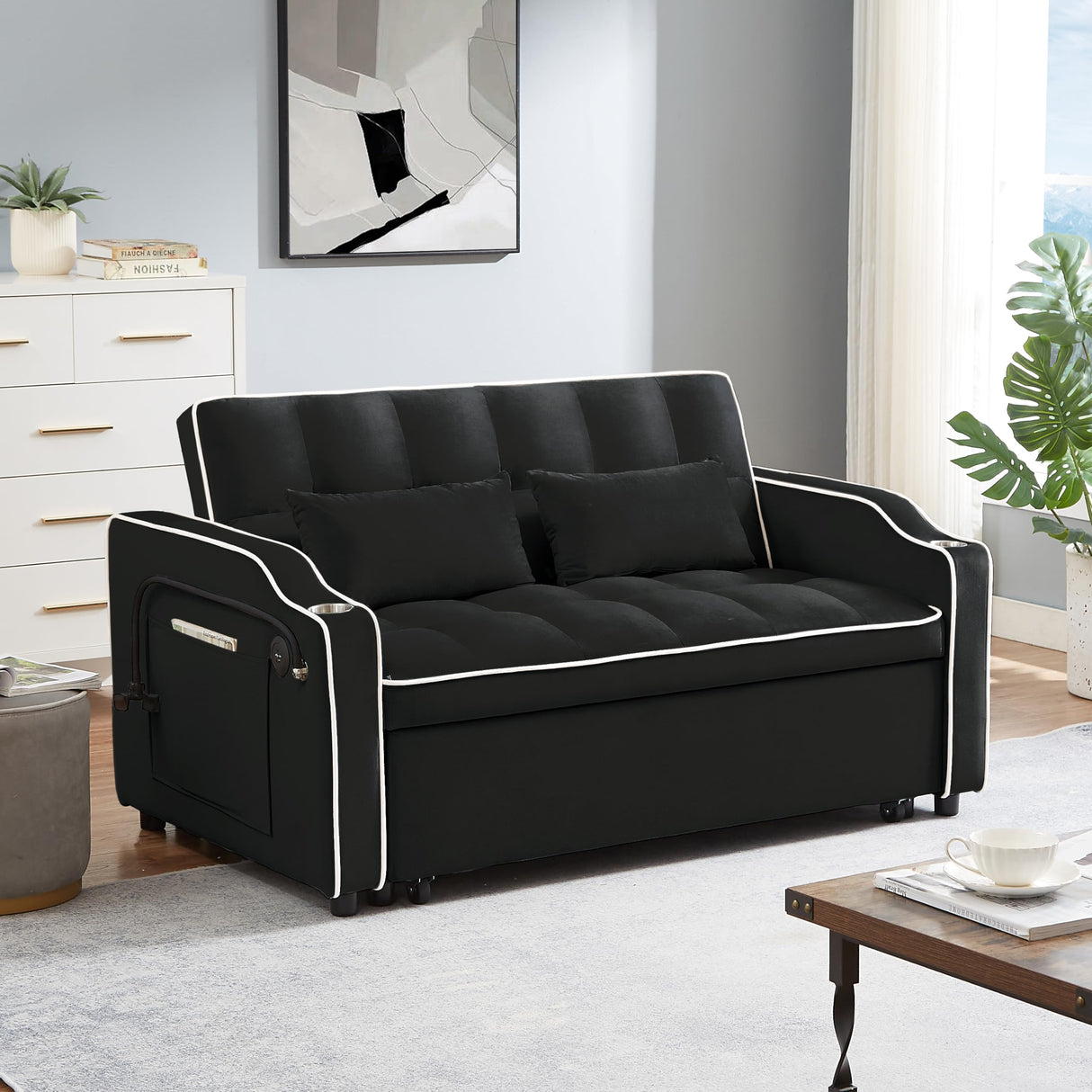 KTATK 1 Versatile Foldable Loveseat Sofa Bed in 3 Lengths,with Adjustable Back and USB Port,Modern Velvet Pull-Out Couch Bed,w/Ashtray & Swivel Phone Stand,for Living Room,Bedroom,Black KTATK