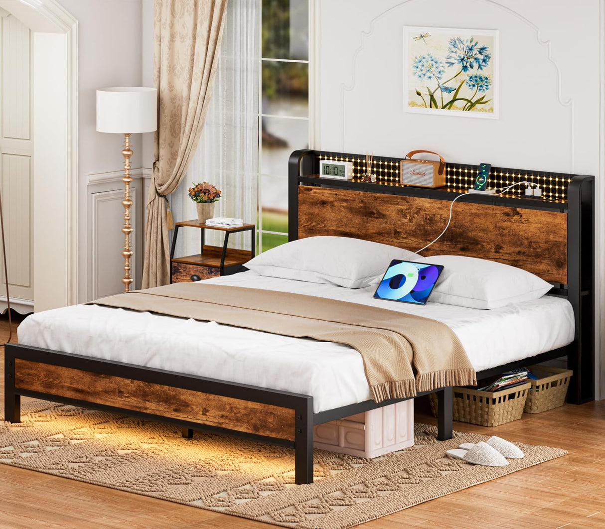 Furnulem Rustic Queen Platform Bed Frame with RGB LED Lights & Integrated Storage Headboard Furnulem