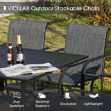 VICLLAX 5 Pieces Patio Dining Set, Outdoor Furniture Set Includes 1 Square Outdoor Table and 4 Stackable Patio Sling Chairs, Black Tabletop and Grey Fabric VICLLAX