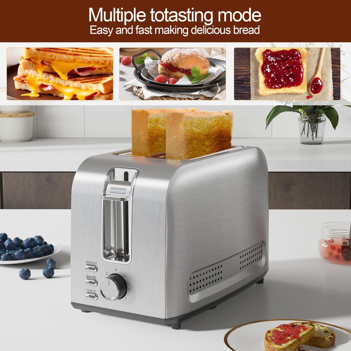 Runnatal 2 Slice Toaster, 100% Stainless Steel, Wide Slot Toaster Multifunctional with 7 Toast Settings, Defrost, BAGEL, Cancel Functions, Easy to Operate and Clean 120V 800W Silver Metallic Runnatal