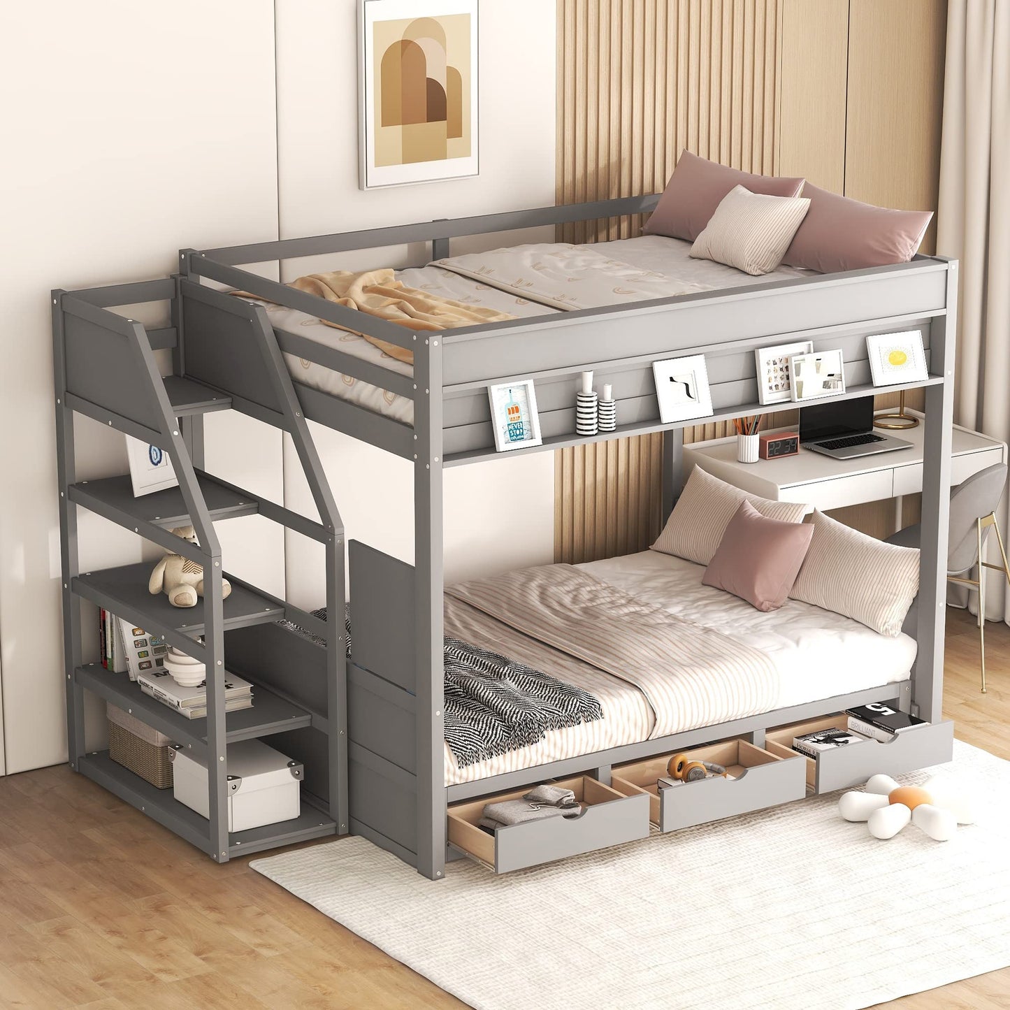 Convertible Full over Full Futon Bunk Bed with Stairs, Built-in Shelf, and Drawers in Grey - Harper & Bright Designs - WoodArtSupply