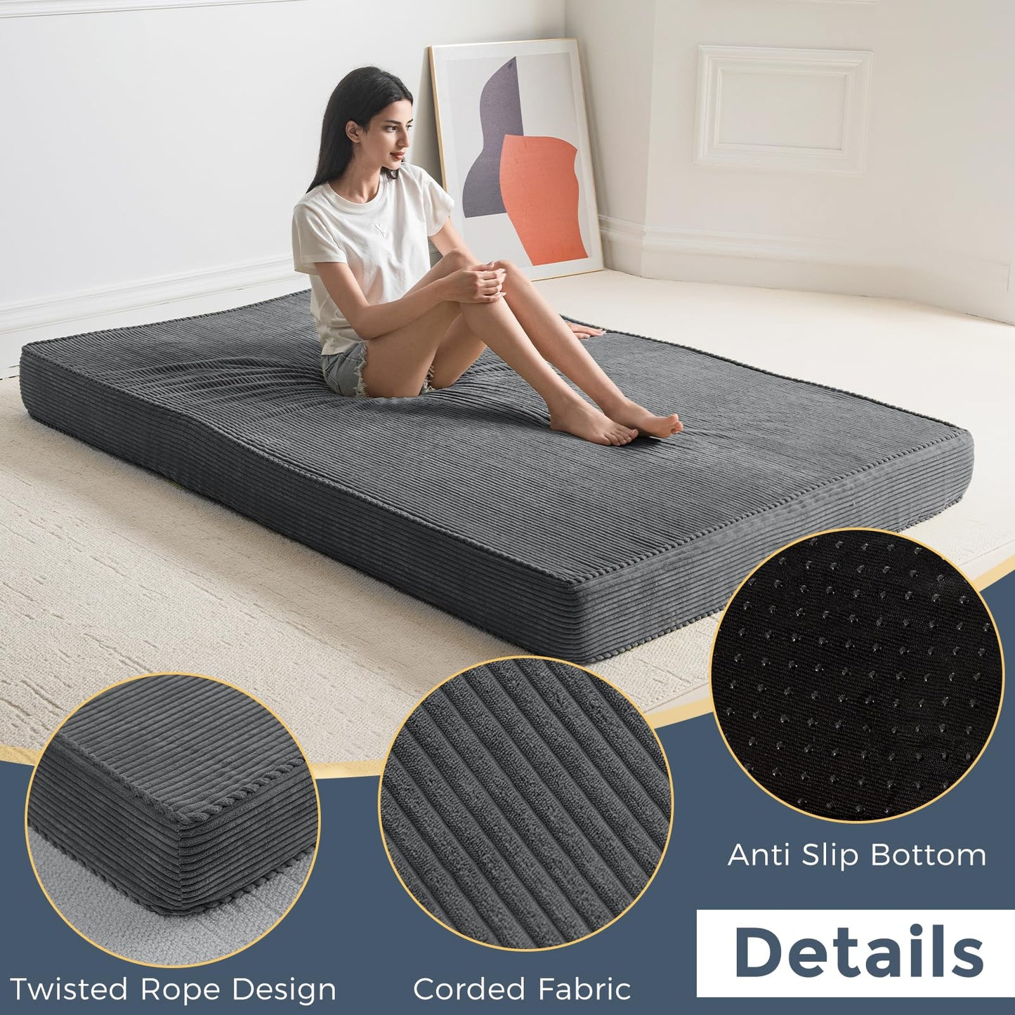 MAXYOYO 6" Full Size Futon Mattress, Egg Crate Memory Foam Mattress for Pressure Relief Reversible Sleeper Sofa Bed, Floor Mattress for Adults, Thick Futon Sofa Couch Bed, Dark Grey