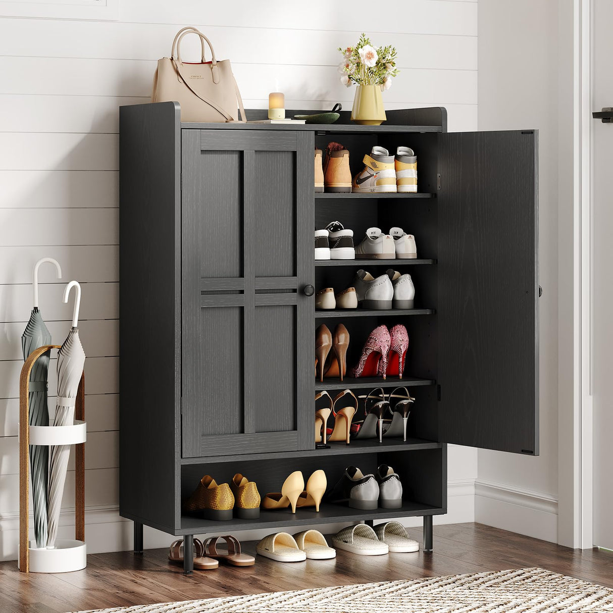 ONBRILL Shoe Cabinet with Cross Molding Doors, 6-Tier Shoe Storage Cabinet with 3 Adjustable Shelves and Metal Legs, 45'' Tall Shoes Rack Organizer Cabinet for Entryway, Front Door, Black ONBRILL