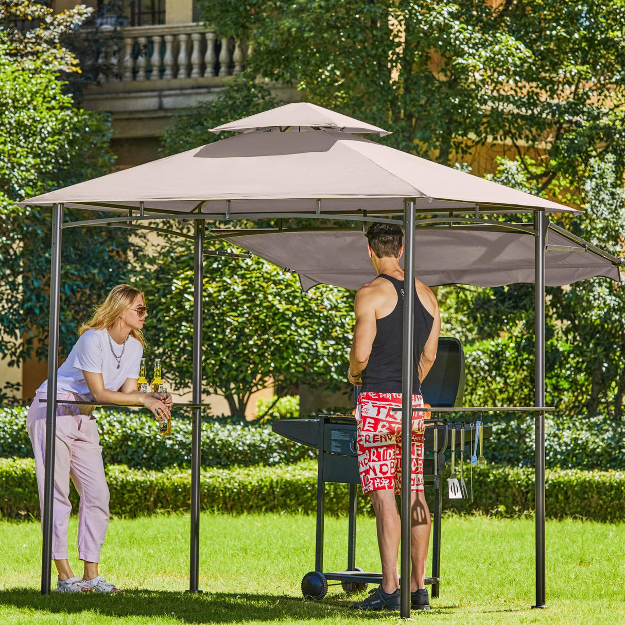 CHARMELEON Double Tiered Grill Gazebo 5x8, Outdoor BBQ Patio Canopy Tent with Stretchable Side Awning (Beige) CHARMELEON