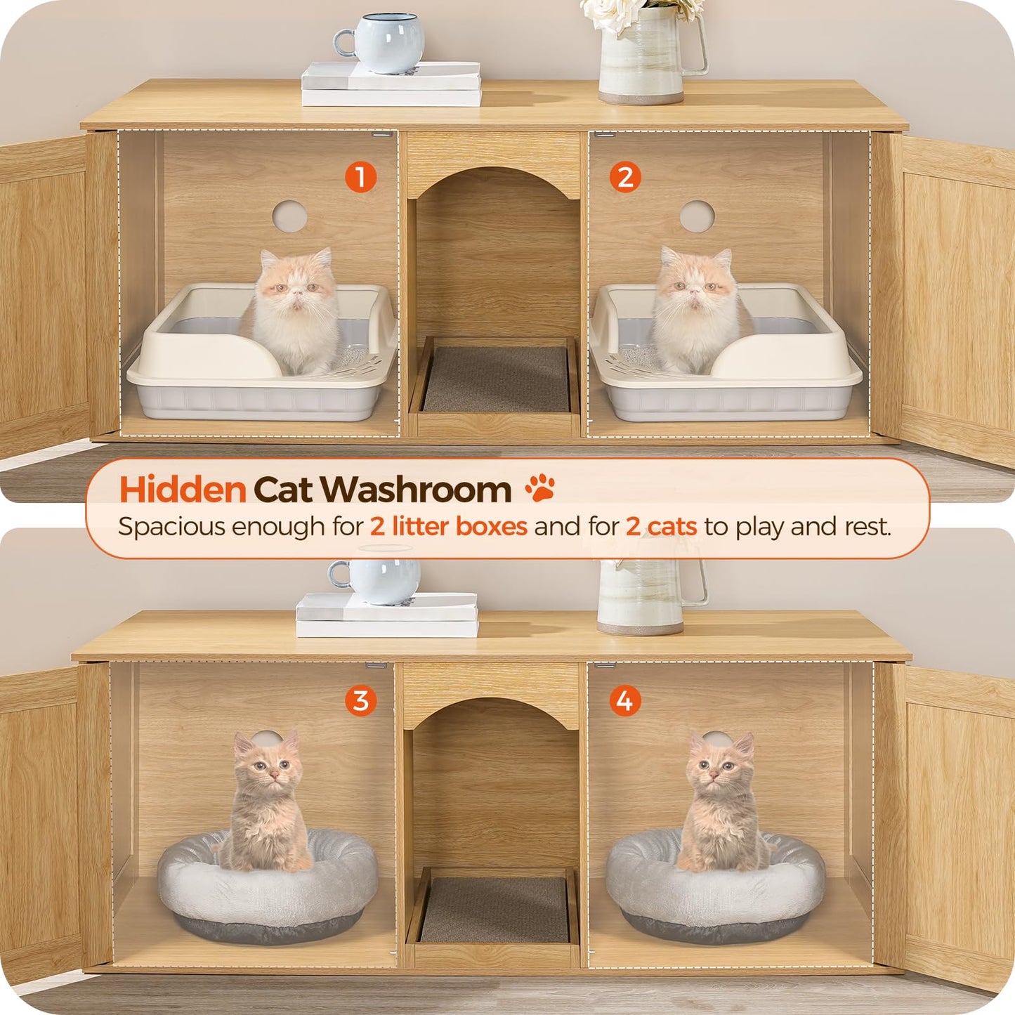 MAHANCRIS Cat Litter Box Enclosure for 2 Cats, Hidden Litter Box Furniture with Rattan Door, Boho Style Wooden Cat Washroom Furniture, 47.2" Side Table TV Stand for Living Room, Natural CWN13 - WoodArtSupply