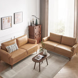 Atopston 63" Faux Leather Loveseat Sofa, Mid-Century Modern Decor 2 Seater Love Seat Couches, Comfy Armrest Small Couch with Wood Grain Legs for Living Room Apartment, Tan Leather Atopston