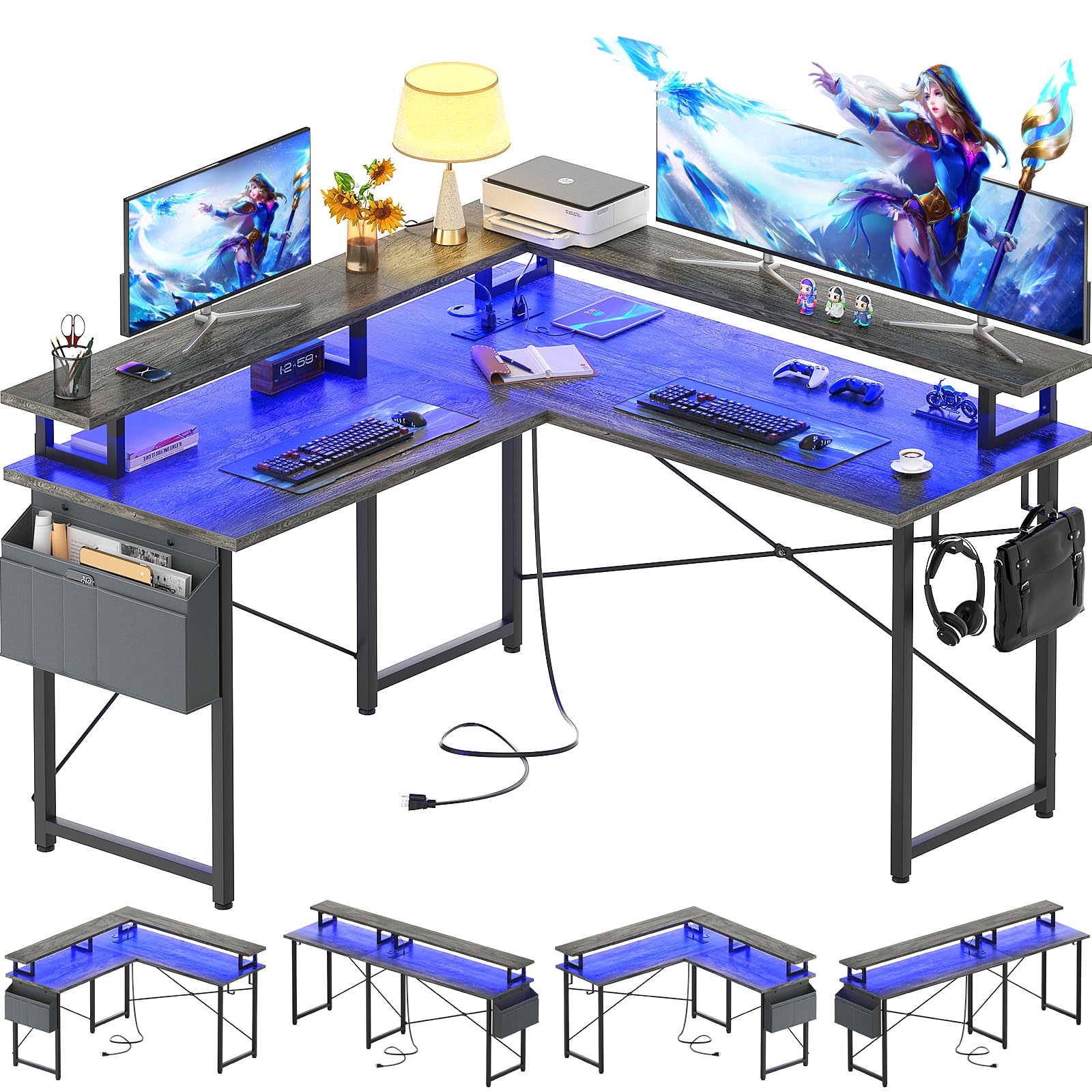 armocity L Shaped Computer Desk with Power Outlets, Gaming Desk L Shaped with LED Lights, Corner Desk with Storage Shelves, Work Study Desk for Bedroom, Home Office Small Spaces, 47'', Grey O - WoodArtSupply