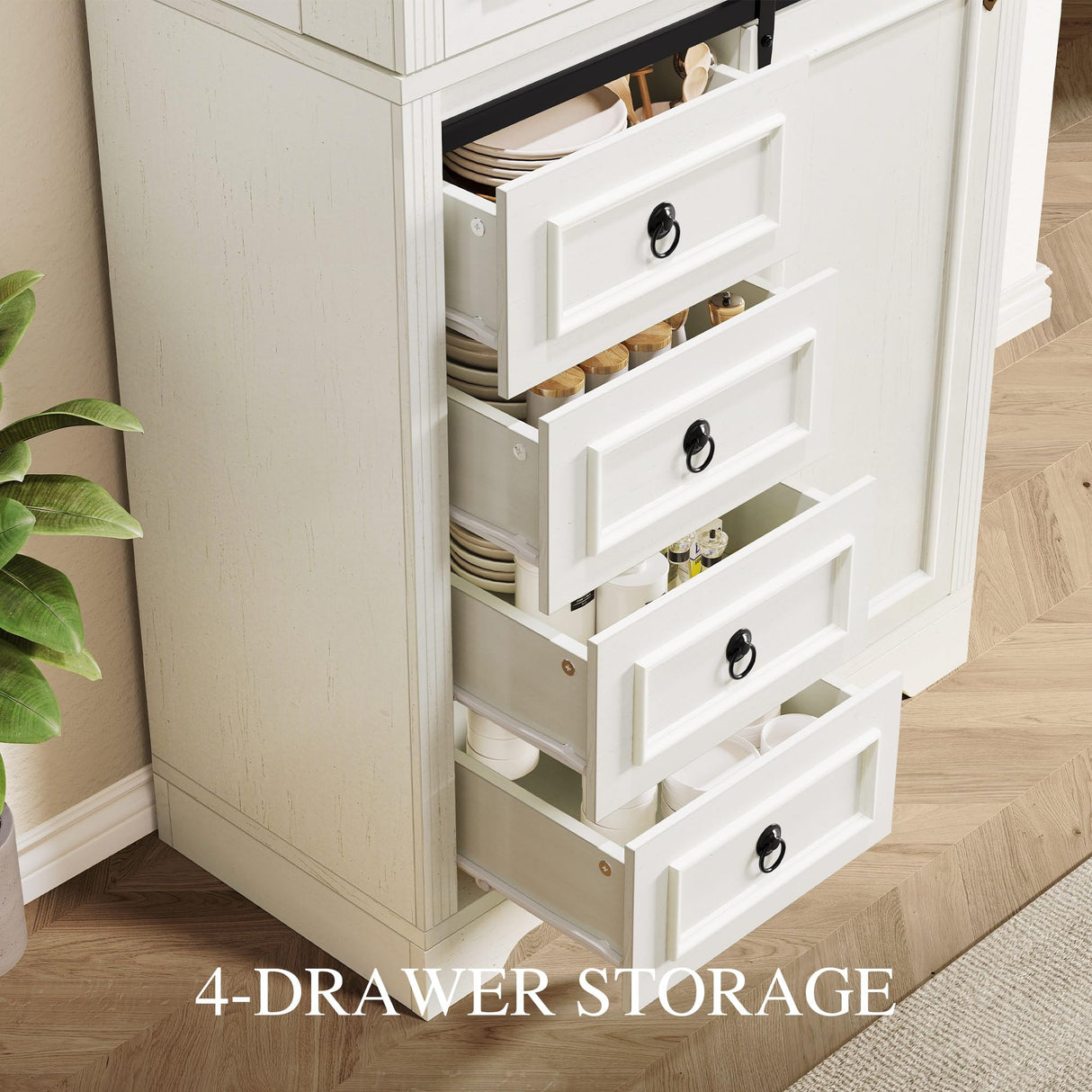DWVO 71" Kitchen Pantry with Sliding Barn Door & Storage Drawers, Farmhouse Tall Storage Hutch Cabinet with Adjustable Shelves, Versatile Organizers for Living Room, Dining Room, Hallway, Off White DWVO