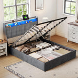 LINSY Queen Bed Frame, Lift Up Storage Bed, Velvet Upholstered Bed with Storage Headboard and Charging Station & LED Lights, Hydraulic Storage, Strong Wooden Slats Support, Noise Free, Dark Grey LINSY