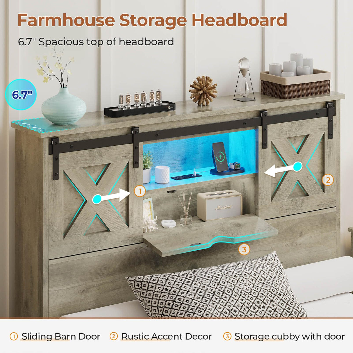 Hasuit Farmhouse Bed Frame Twin Size with 2 Storage Drawers, Wooden Platform Twin Bed with LED Lights and Charging Station, Rustic Accent Headboard with Sliding Barn Door Storage Cabinets Hasuit