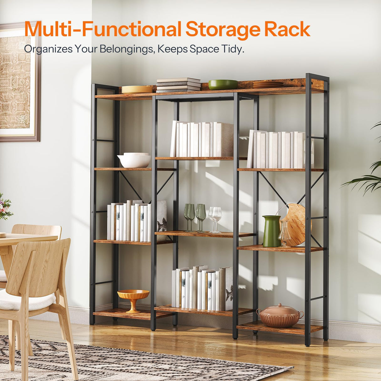 HOOBRO Triple 4-Tier Bookshelf, Bookcase with 10 Open Storage Display Shelves, Rustic Industrial Style Book Shelves, Wide Book Shelf for Living Room and Home Office, Rustic Brown and Black BF24SJ01 HOOBRO