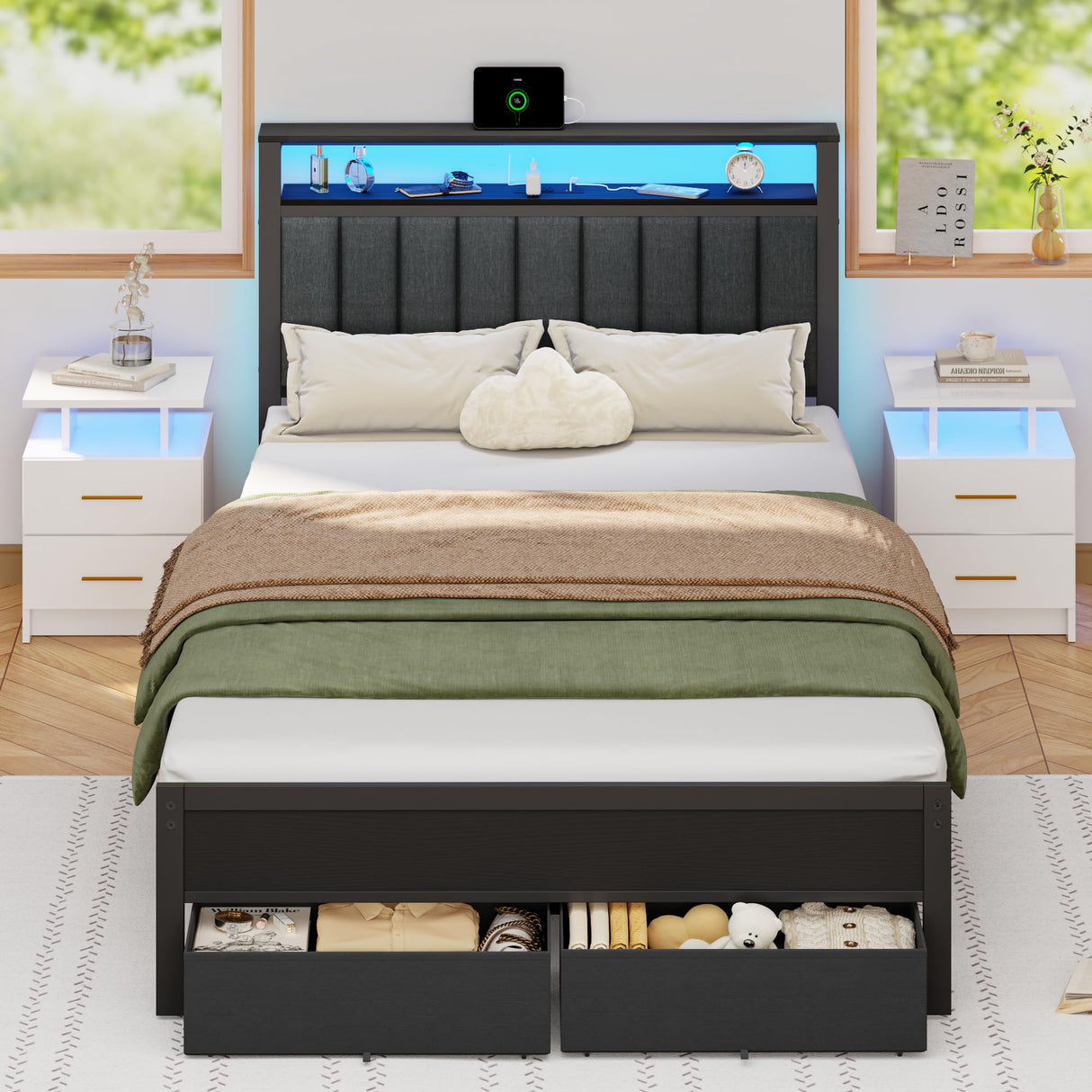 Furnulem Full Size Bed Frame with Charging Station and LED Lights, Grey Upholstered Headboard with Shelves, Metal Platform Bed with 2 Under-Bed Storage (Fabric Drawer on Wheels), No Box Spring Needed Furnulem