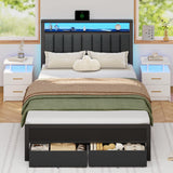 Furnulem Full Size Bed Frame with Charging Station and LED Lights, Grey Upholstered Headboard with Shelves, Metal Platform Bed with 2 Under-Bed Storage (Fabric Drawer on Wheels), No Box Spring Needed Furnulem