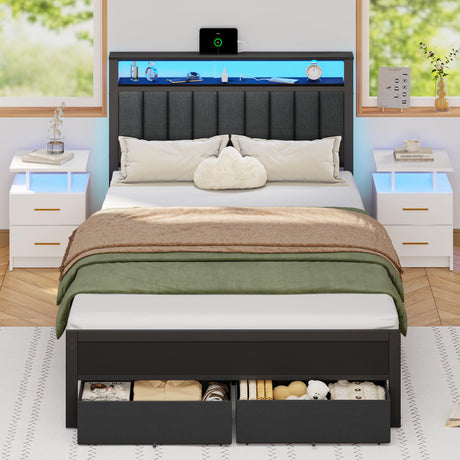 Furnulem Full Size Bed Frame with Charging Station and LED Lights, Grey Upholstered Headboard with Shelves, Metal Platform Bed with 2 Under-Bed Storage (Fabric Drawer on Wheels), No Box Spring Needed Furnulem