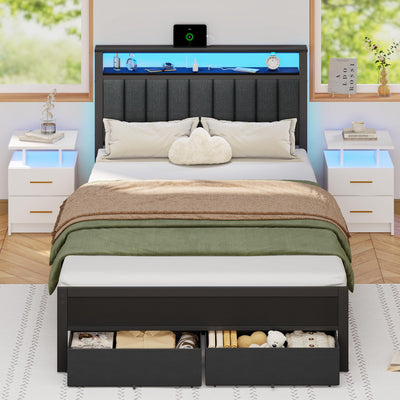 Furnulem Full Size Bed Frame with Charging Station and LED Lights, Grey Upholstered Headboard with Shelves, Metal Platform Bed with 2 Under-Bed Storage (Fabric Drawer on Wheels), No Box Spring Needed