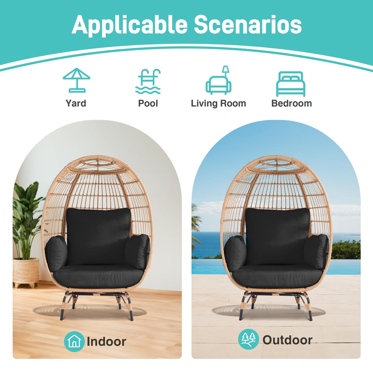 OTSUN Outdoor Egg Chair, PE Wicker Chair 440 lbs Capacity, Patio Chairs with 4 Thicken Cushions, Oversized Lounge Chairs with Durable Steel Frame Perfect for Balcony, Backyard, Bedroom-Black OTSUN