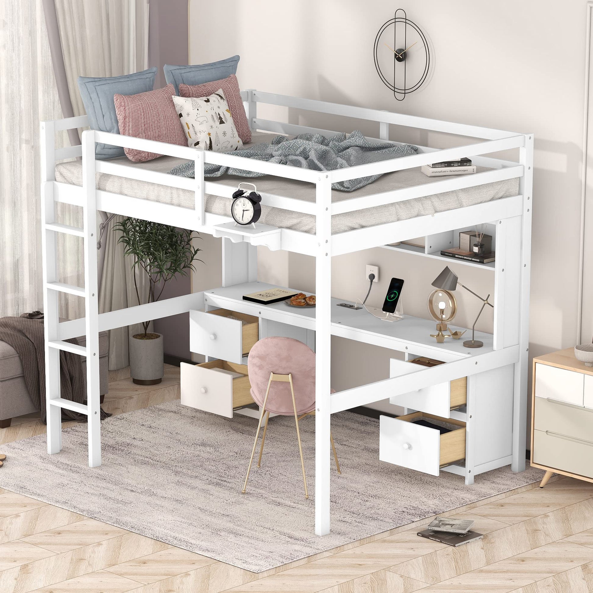 Taikonaut Multifunctional Full Size Loft Bed with Desk, Cabinets, and Charging Station - White - WoodArtSupply