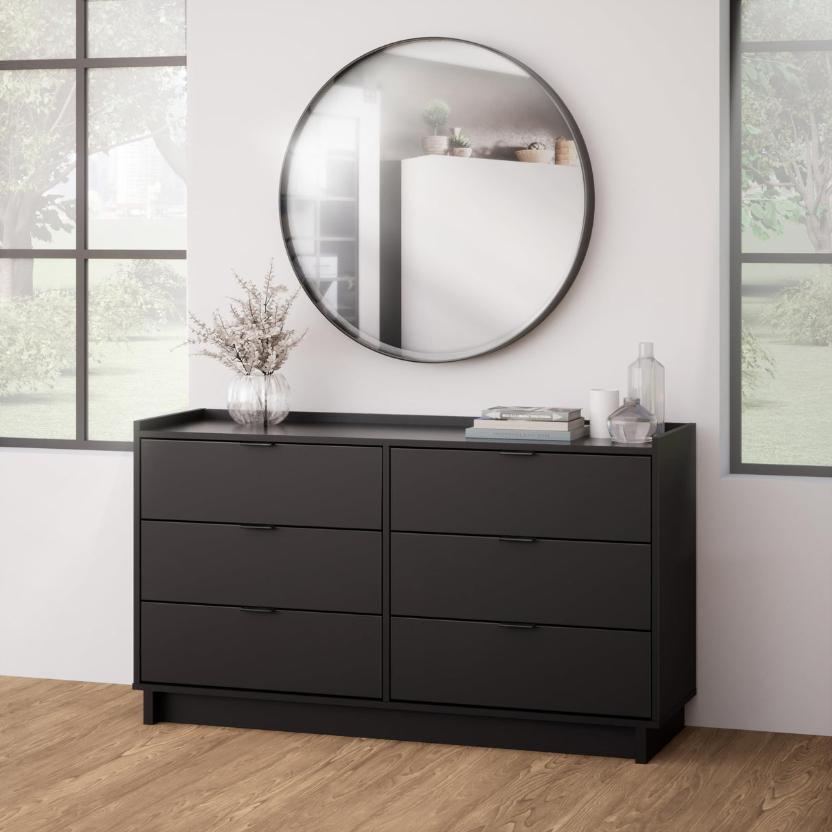 Prepac Simply Modern 6-Drawer Double Dresser for Bedroom, Chest of Drawers, Modern Bedroom Furniture, 52.5” wide x 16” deep x 29.5” tall, Black Prepac