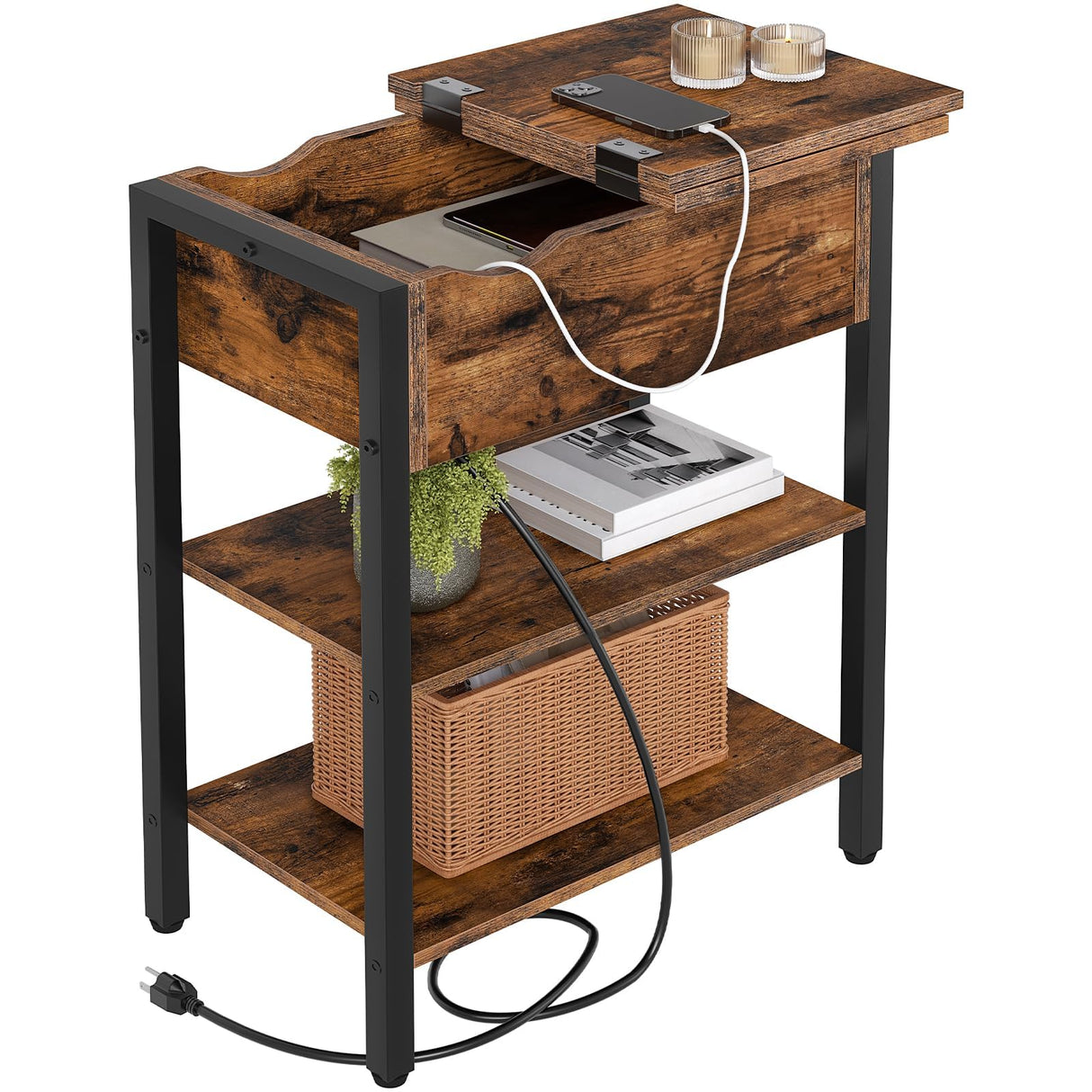 HOOBRO End Table with Charging Station, Narrow Side Table, Flip Top Nightstand with USB Ports and Outlets, Bedside Tables with Shelf for Small Spaces, Living Room, Rustic Brown BF341BZ01 HOOBRO