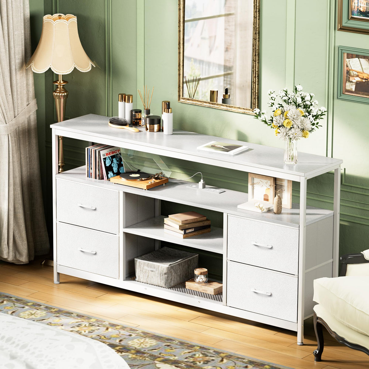 Huuger TV Stand Dresser with Power Outlets and LED Lights, 4 Drawers Entertainment Center with Shelves, 54 Inch Media Console for 55 60 Inch TV, 4 AC Outlets, 2 USBs, Dresser with PU Finish, White Huuger