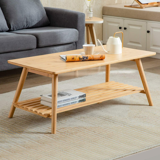 Nnewvante Coffee Table Foldable Bamboo Mid Century Desk TV Stand with Open Storage Shelf Center Table for Living Room Furniture RV No Assembly - WoodArtSupply