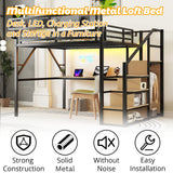 Mirightone Queen Size Loft Bed with Desk & Stairs, Heavy-Duty Metal Loft Beds with LED and Charging Station, High Loft Bed Frame with Wardrobe for Boys Girls and Teens, No Box Spring Needed (Black) Mirightone