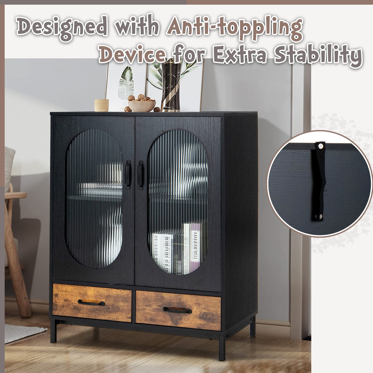 LOKO Buffet Cabinet with Storage, Kitchen Sideboard Cabinet with Tempered Glass Doors and Drawers, Industrial Style Cupboard Credenza Storage Cabinet, 31.5 x 16 x 39.5 inches LOKO